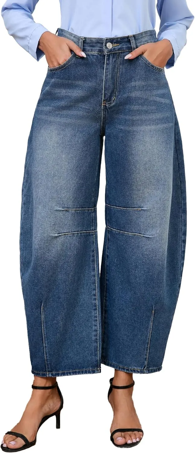 Barrel Jeans for Women Wide Leg Denim Pants Y2k Baggy Boyfriend Jeans with Pockets
