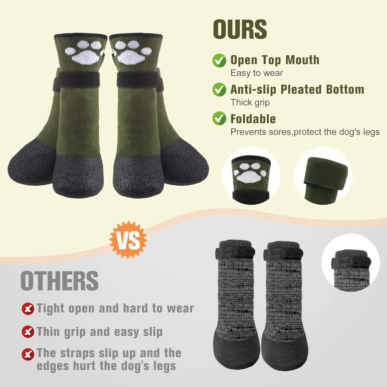 BEAUTYZOO Anti Slip Dog Socks Boots, Dog Shoes for Hot/Cold Pavement Snow Rain Days,Waterproof Grip Dog Booties Paw Protector for Hardwood Floor, Prevent Licking for Small Medium Large Senior Old Dogs