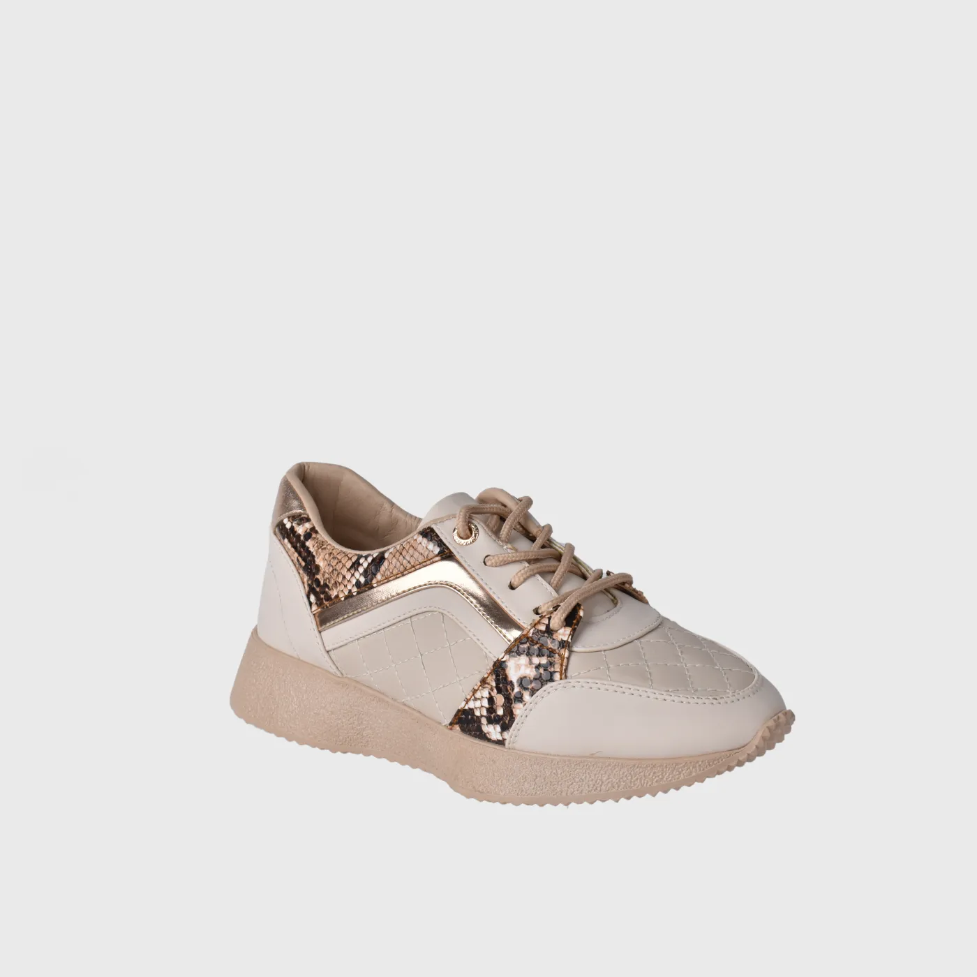 Beige Lace Up Sneakers With Quilted Details