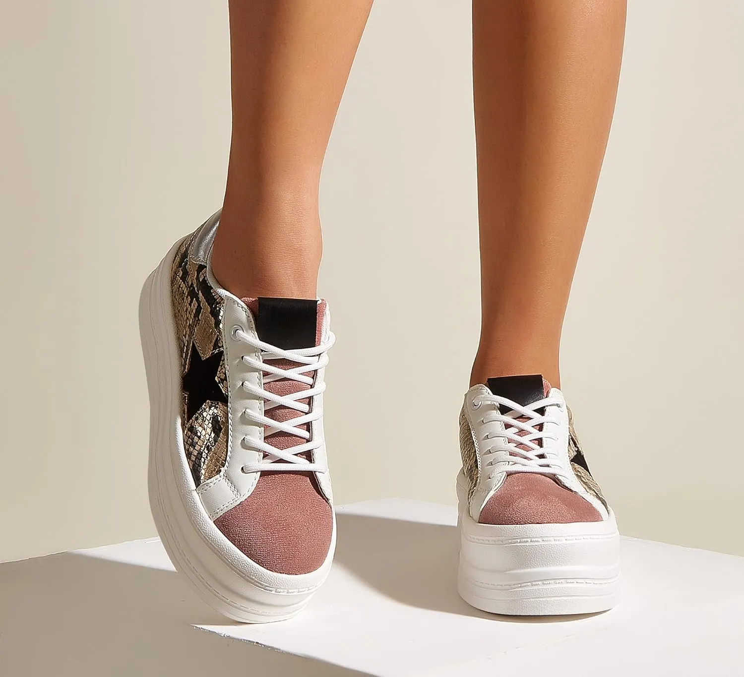 BELOS Fashion Platform Women Sneakers Faux Suede Stars Holographic Rainbow Walking Shoes