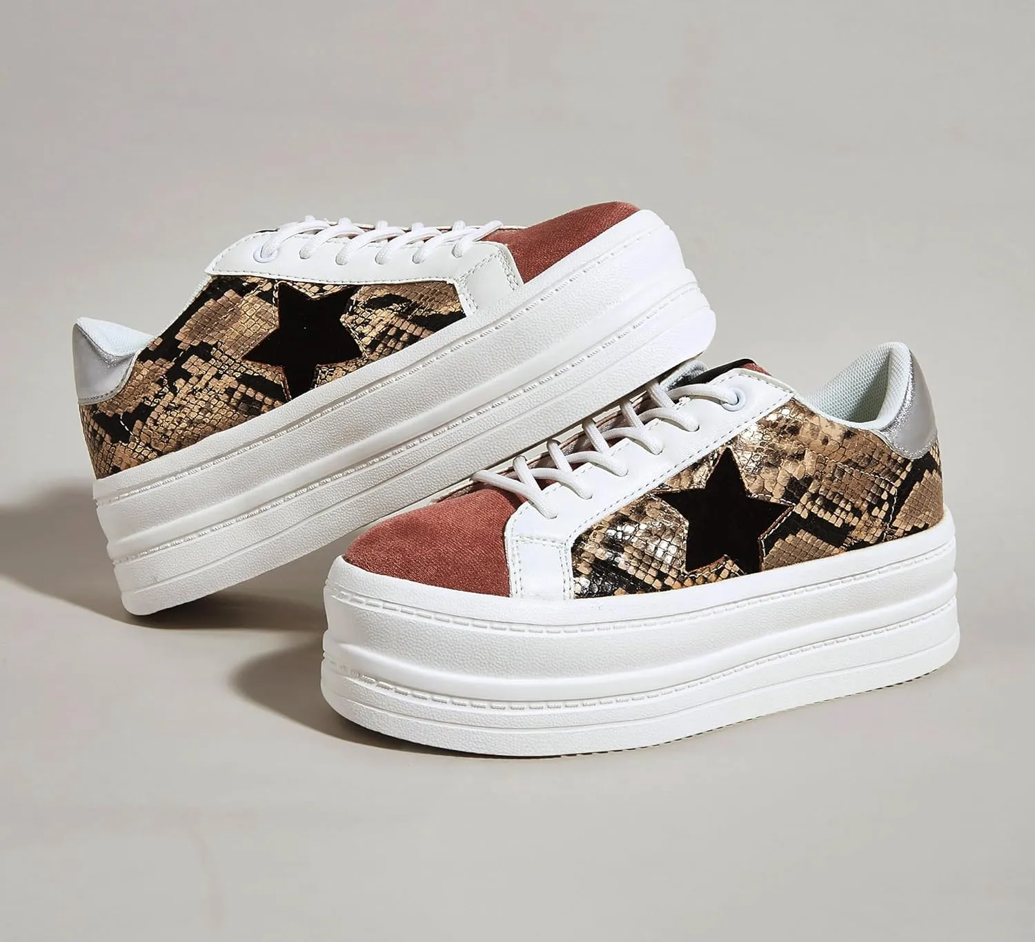 BELOS Fashion Platform Women Sneakers Faux Suede Stars Holographic Rainbow Walking Shoes