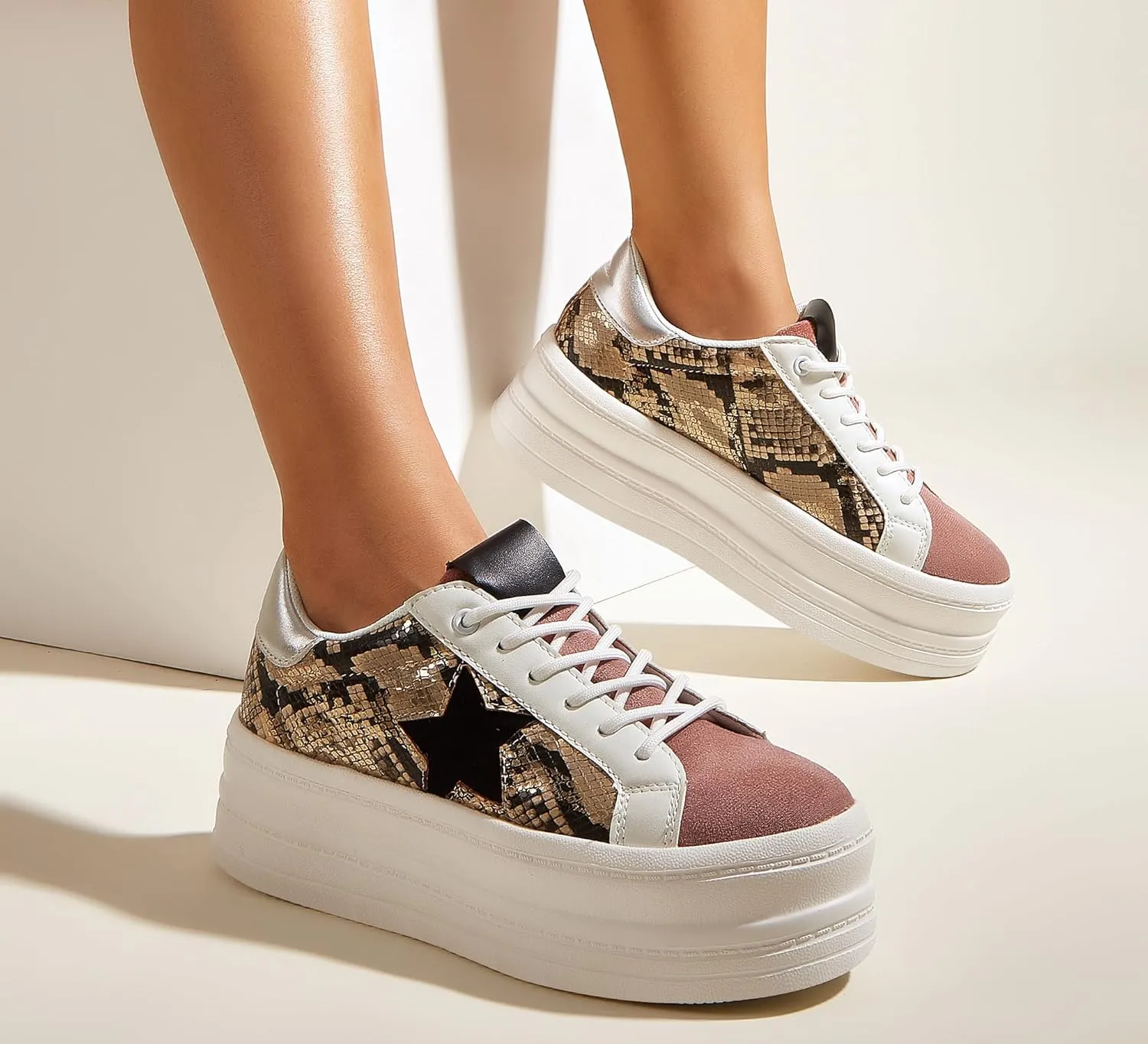 BELOS Fashion Platform Women Sneakers Faux Suede Stars Holographic Rainbow Walking Shoes