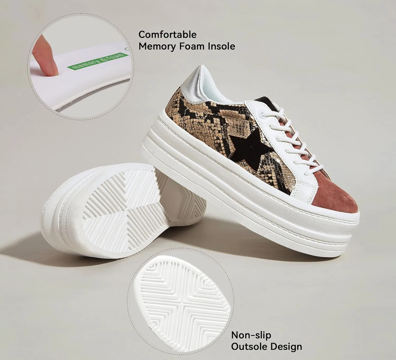 BELOS Fashion Platform Women Sneakers Faux Suede Stars Holographic Rainbow Walking Shoes