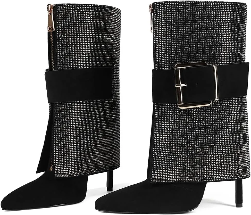 Black Fold over Boots for Women Pointed Toe Shark Boots for women High Heel Metal Buckle Boots for women Knee High Boots for Party Shoes.