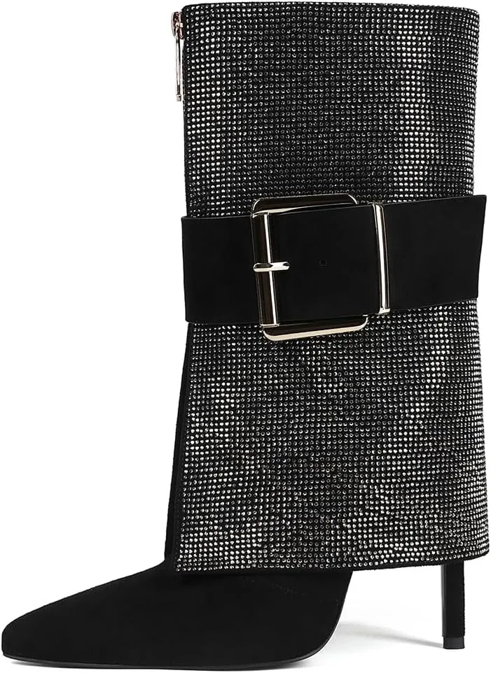 Black Fold over Boots for Women Pointed Toe Shark Boots for women High Heel Metal Buckle Boots for women Knee High Boots for Party Shoes.