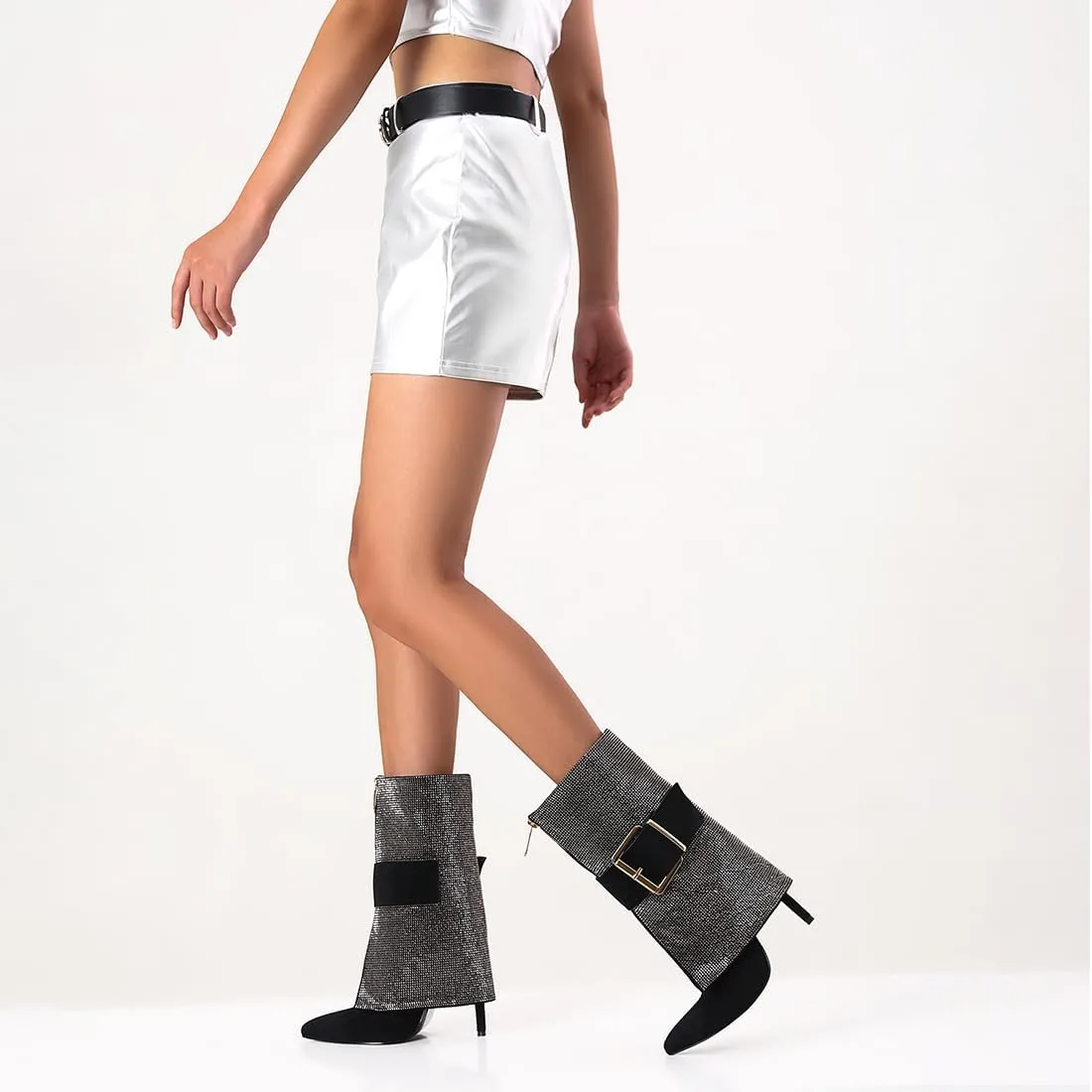Black Fold over Boots for Women Pointed Toe Shark Boots for women High Heel Metal Buckle Boots for women Knee High Boots for Party Shoes.