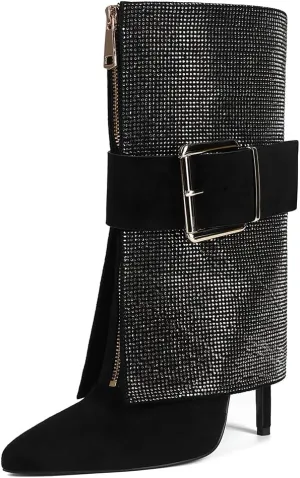 Black Fold over Boots for Women Pointed Toe Shark Boots for women High Heel Metal Buckle Boots for women Knee High Boots for Party Shoes.
