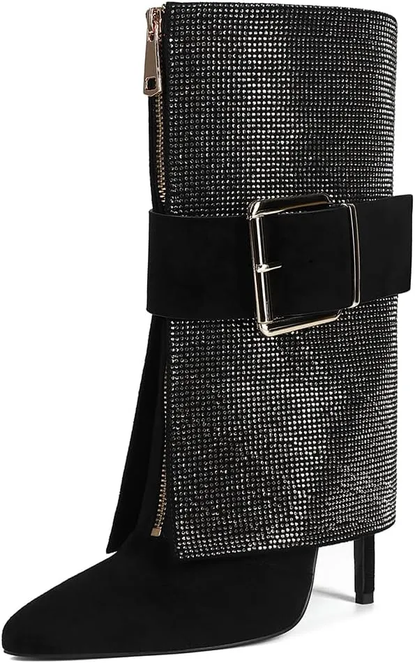 Black Fold over Boots for Women Pointed Toe Shark Boots for women High Heel Metal Buckle Boots for women Knee High Boots for Party Shoes.