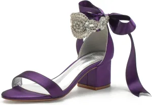 Block Heels Bride Wedding Pumps Bowknot Strap Bride Pumps Bridal Shoes Beaded Ankle Satin Sandals Open Toe Dress Evening Comfortable,Dark purple,11