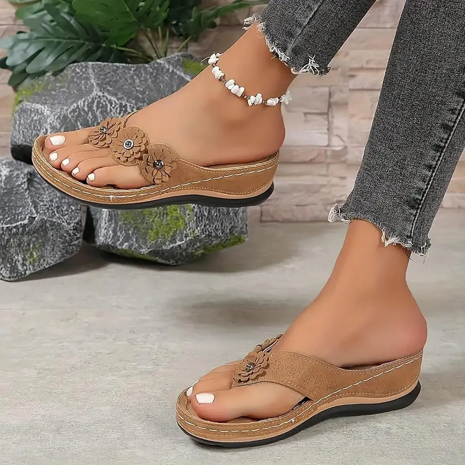 Bohemian Floral Orthopedic Sandals for Women, Summer Womens Beach Travel Flip Flops Comfortable Casual Dressy Wedges Sandals