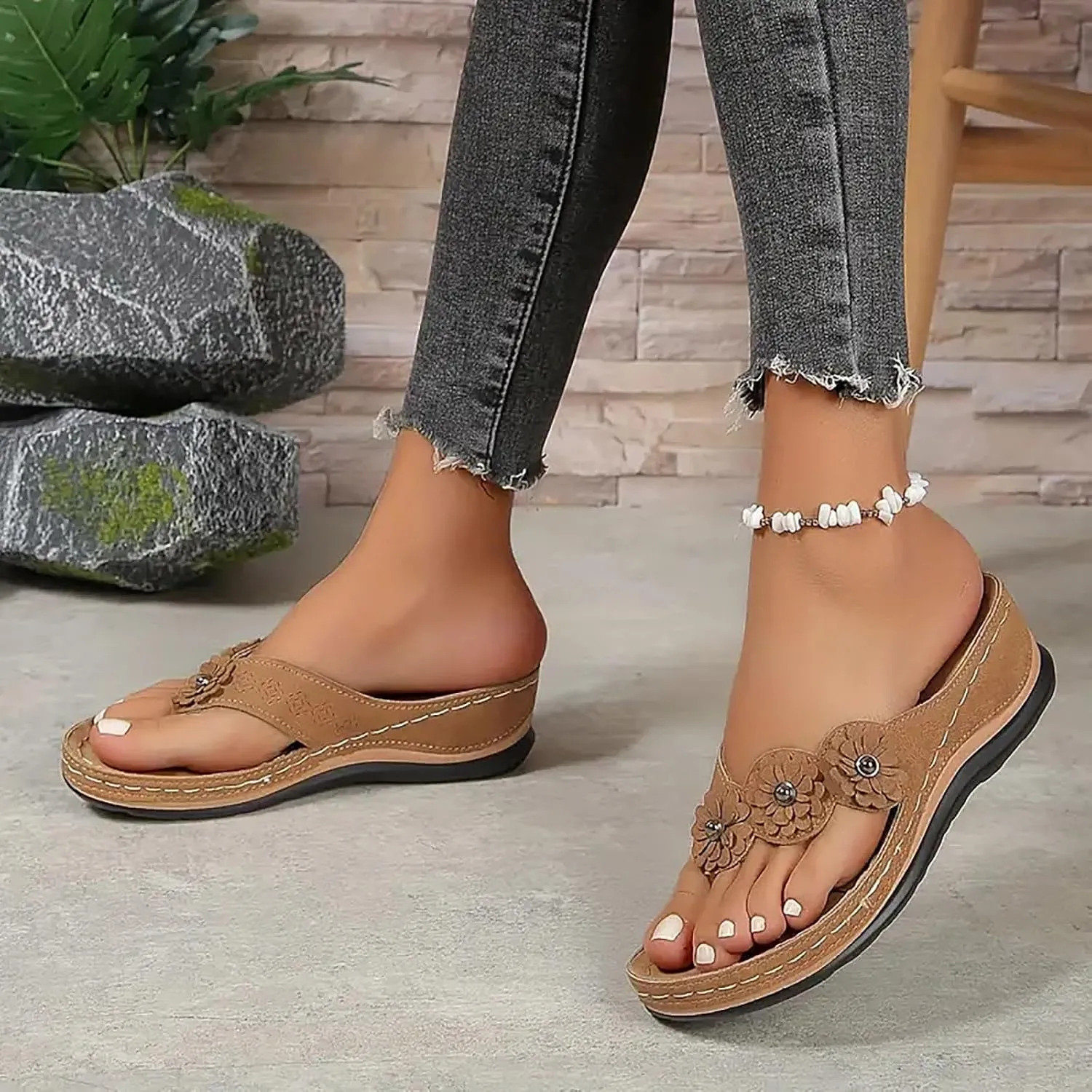Bohemian Floral Orthopedic Sandals for Women, Summer Womens Beach Travel Flip Flops Comfortable Casual Dressy Wedges Sandals
