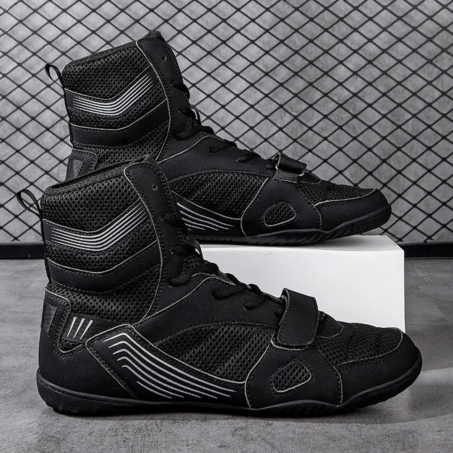 Breathable Leather Boxing Boots Men's Wrestling Shoes Long Anklet Rubber Sole Mesh Boots for Weightlifting, Bodybuilding, Deadlift, Powerlifting Shoe