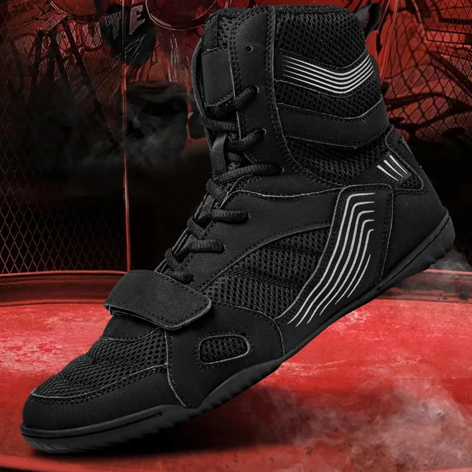 Breathable Leather Boxing Boots Men's Wrestling Shoes Long Anklet Rubber Sole Mesh Boots for Weightlifting, Bodybuilding, Deadlift, Powerlifting Shoe