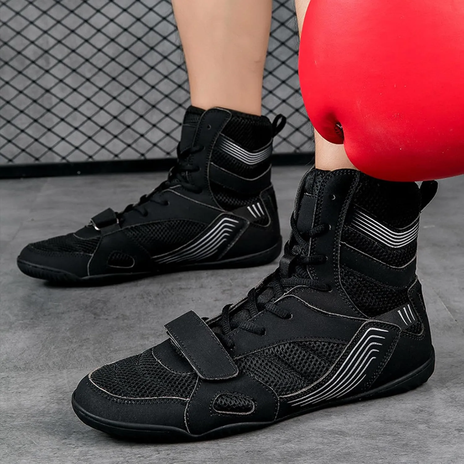 Breathable Leather Boxing Boots Men's Wrestling Shoes Long Anklet Rubber Sole Mesh Boots for Weightlifting, Bodybuilding, Deadlift, Powerlifting Shoe