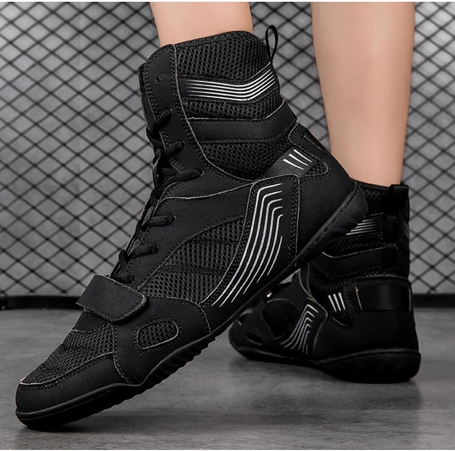 Breathable Leather Boxing Boots Men's Wrestling Shoes Long Anklet Rubber Sole Mesh Boots for Weightlifting, Bodybuilding, Deadlift, Powerlifting Shoe