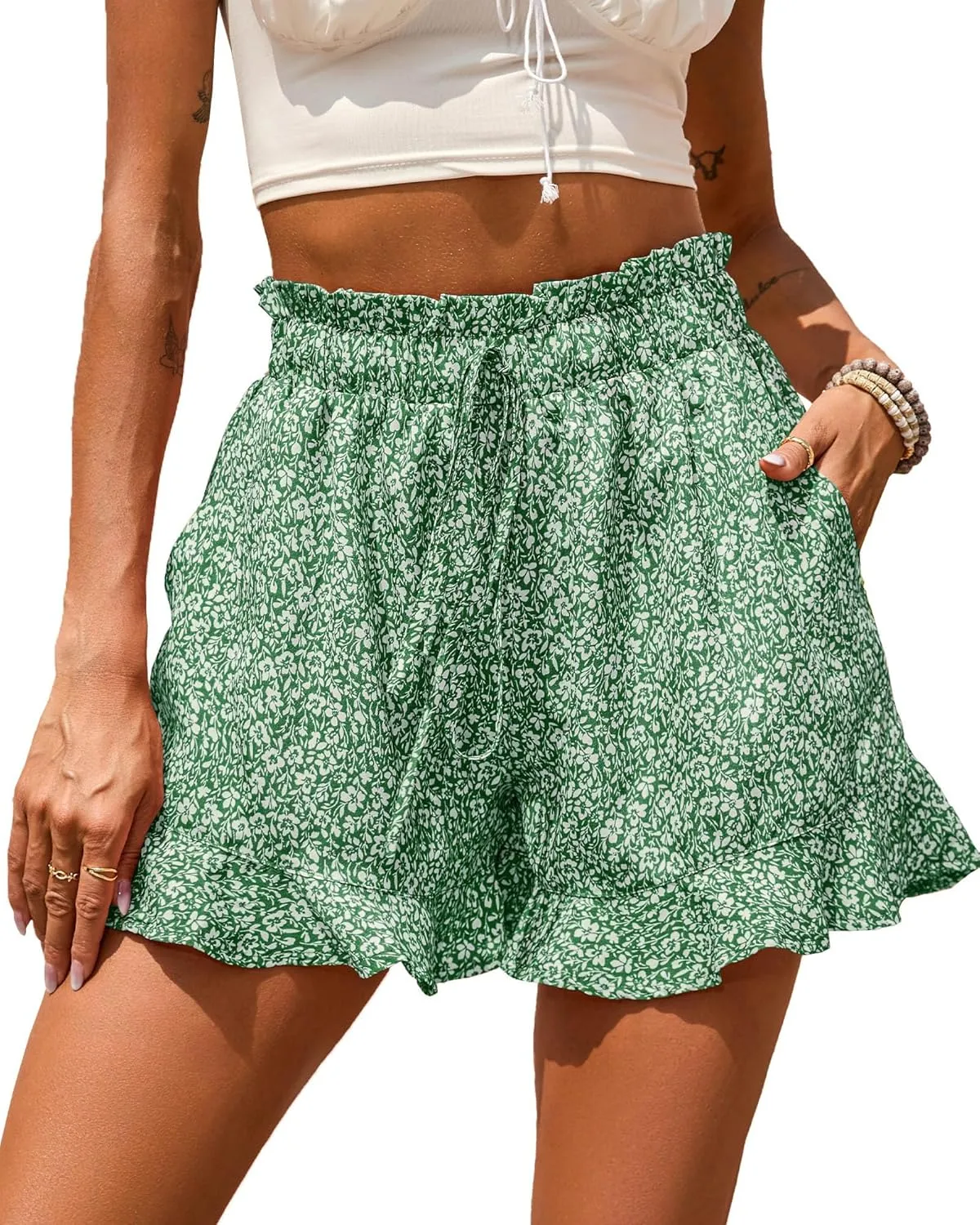 BTFBM Womens Summer Shorts 2025 Vacation Floral Belted Casual Elastic High Waist Ruffle Beach Short Lounge Pants Pockets