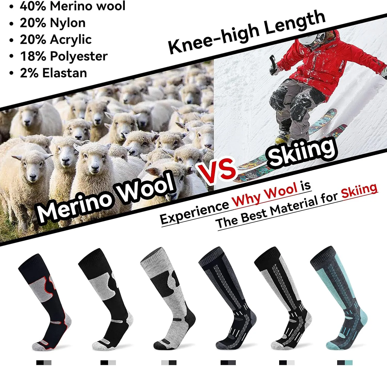 Busy Socks Merino Wool Ski Socks for Men Women, Winter Warm Socks for Skiing, Snowboarding, Outdoor Sports Cold Weather