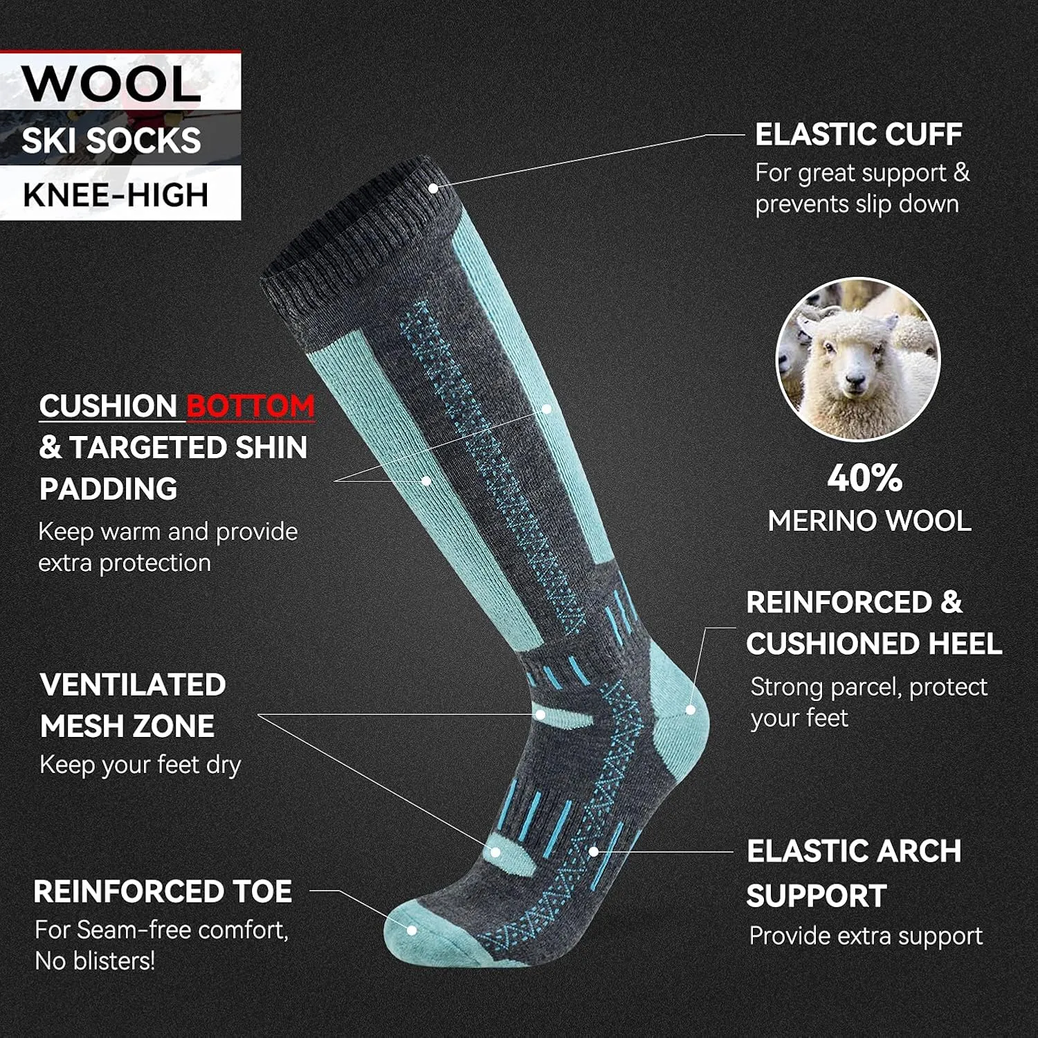 Busy Socks Merino Wool Ski Socks for Men Women, Winter Warm Socks for Skiing, Snowboarding, Outdoor Sports Cold Weather