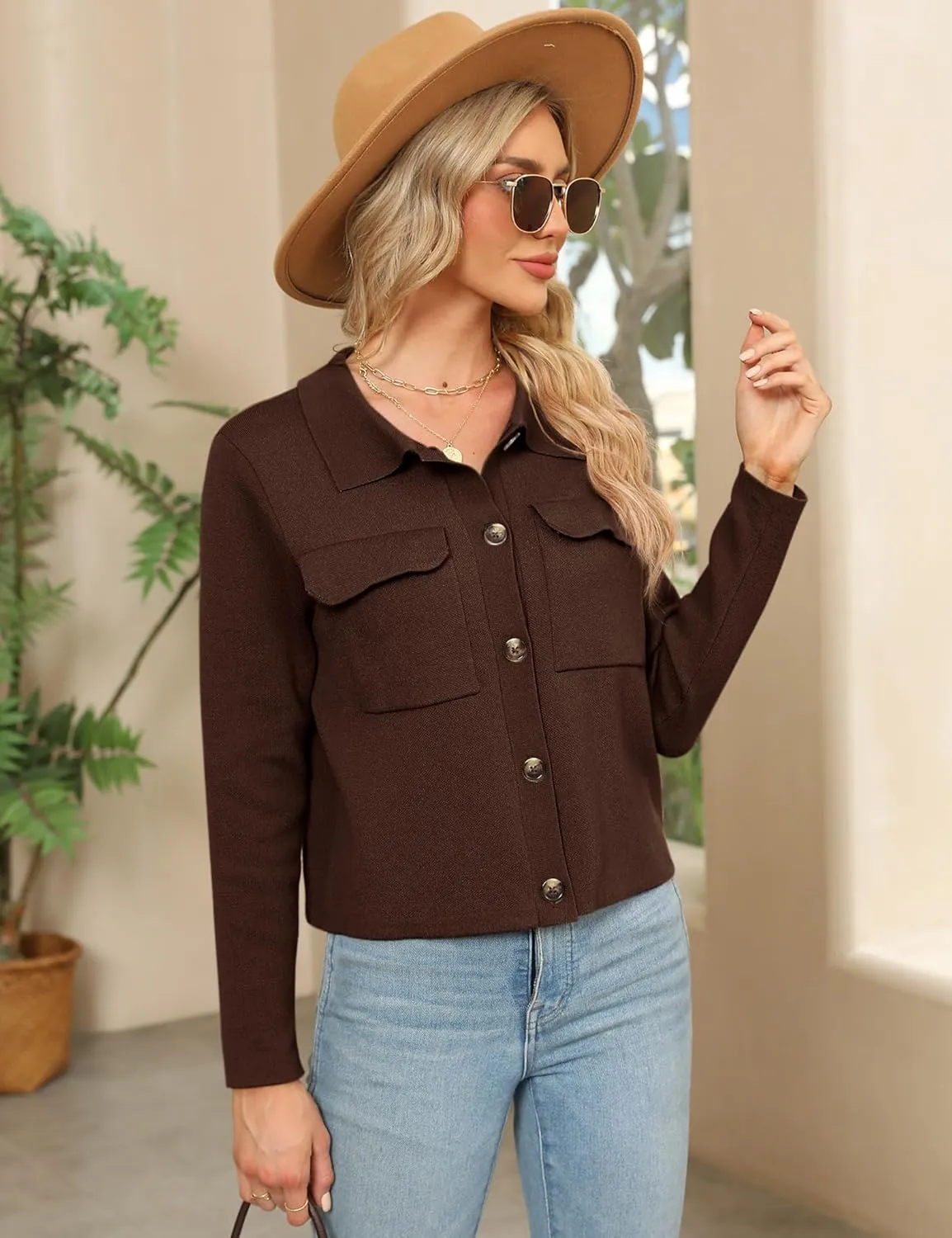 BZB Women Long Sleeve Sweater Cardigan Collared Button Up Open Front Cropped Knit Jackets with Pockets