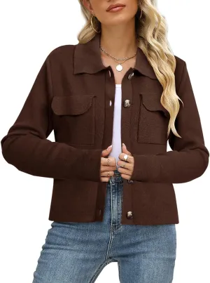 BZB Women Long Sleeve Sweater Cardigan Collared Button Up Open Front Cropped Knit Jackets with Pockets