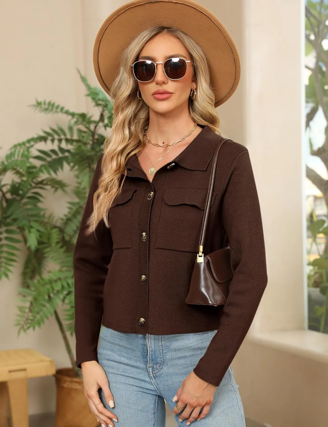 BZB Women Long Sleeve Sweater Cardigan Collared Button Up Open Front Cropped Knit Jackets with Pockets
