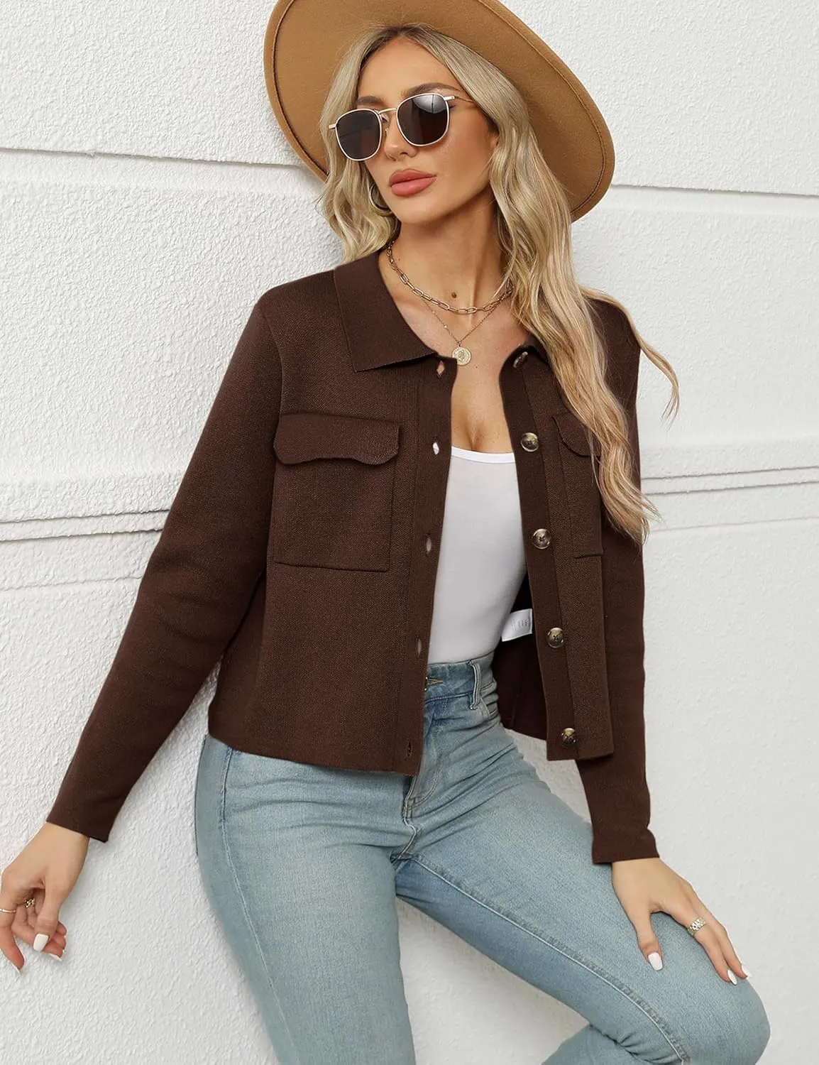 BZB Women Long Sleeve Sweater Cardigan Collared Button Up Open Front Cropped Knit Jackets with Pockets