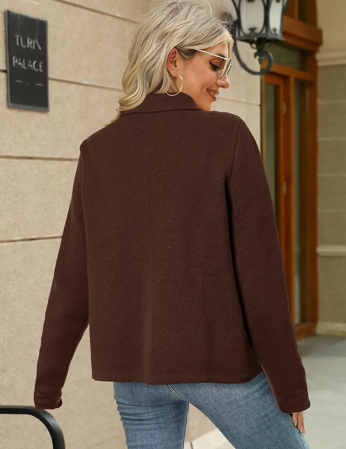BZB Women Long Sleeve Sweater Cardigan Collared Button Up Open Front Cropped Knit Jackets with Pockets