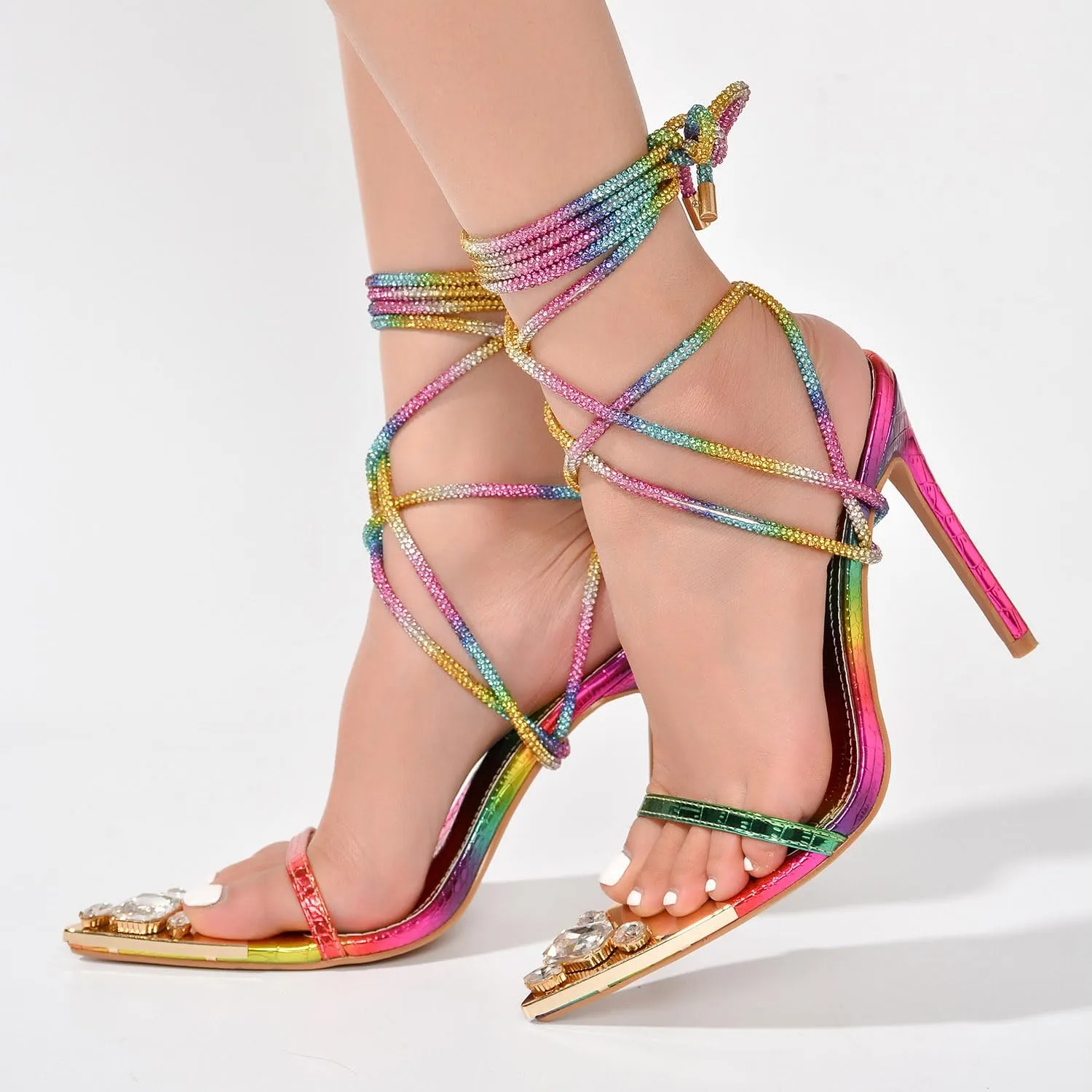 Cape Robbin Women's Rhinestone Lace Up Strappy Ankle Strap High Heel Sandals