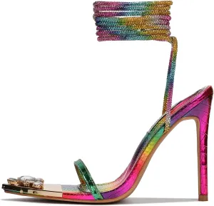 Cape Robbin Women's Rhinestone Lace Up Strappy Ankle Strap High Heel Sandals