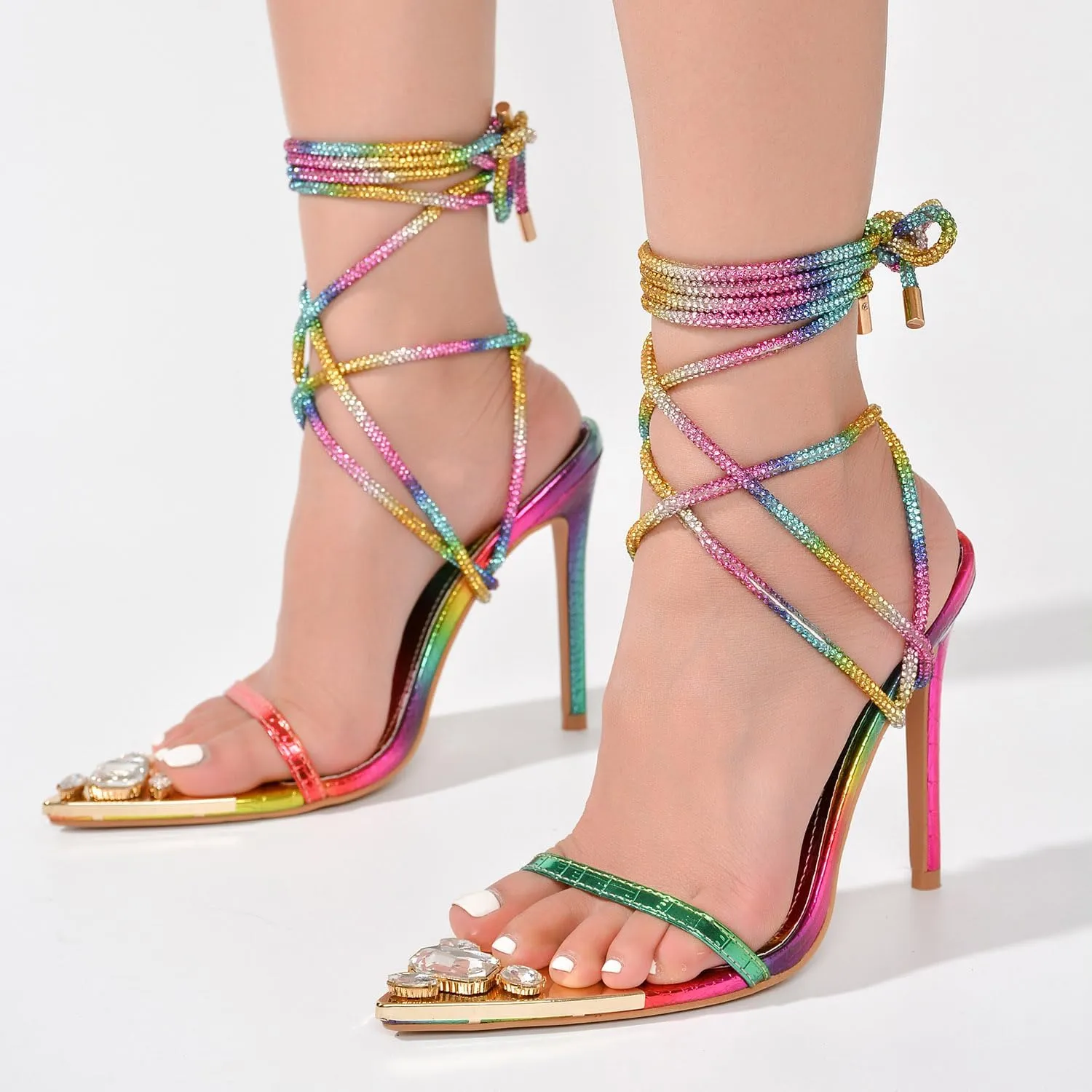 Cape Robbin Women's Rhinestone Lace Up Strappy Ankle Strap High Heel Sandals
