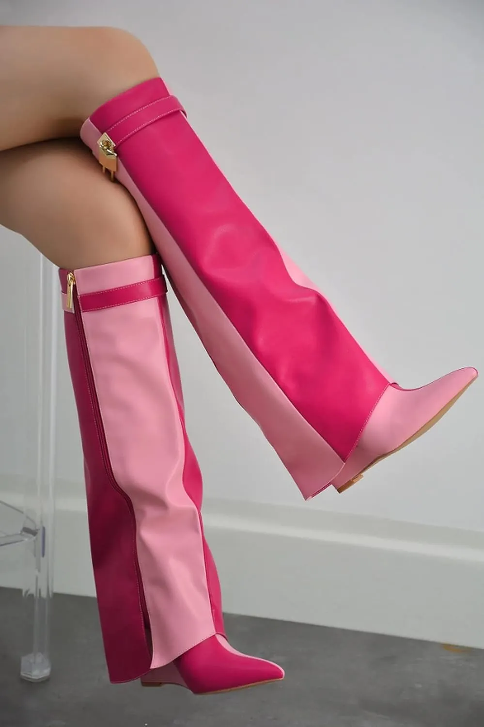 Cape Robbin Women's Wedge Boots Knee High Pull On Pointed Fold Over Wedge Heel Boots