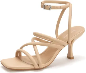 Carcuume Women's Square Toe Strappy Lace Up Heeled Sandals Ankle Buckle Kitten Heel