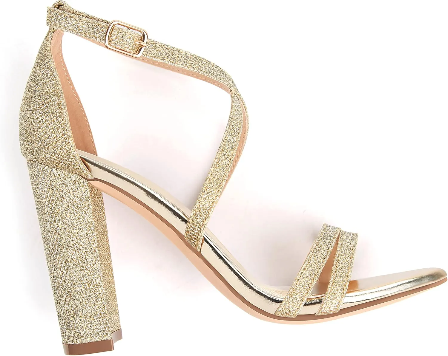 Carcuume Women's Strappy Heels 4-inch Chunky Block Heel Open Toe Ankle Strap Comfortable Party Wedding Shoes
