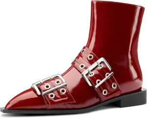 Castamere Low Heel Close Pointed Toe Buckle Ankle Boots for Women Side Zipper Design Fashion Dress Short Bootie