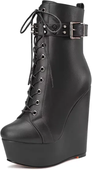 Castamere Women High Wedge Platform Heel Round Toe Ankle Boots Short Bootie Lace-up Zipper Boots