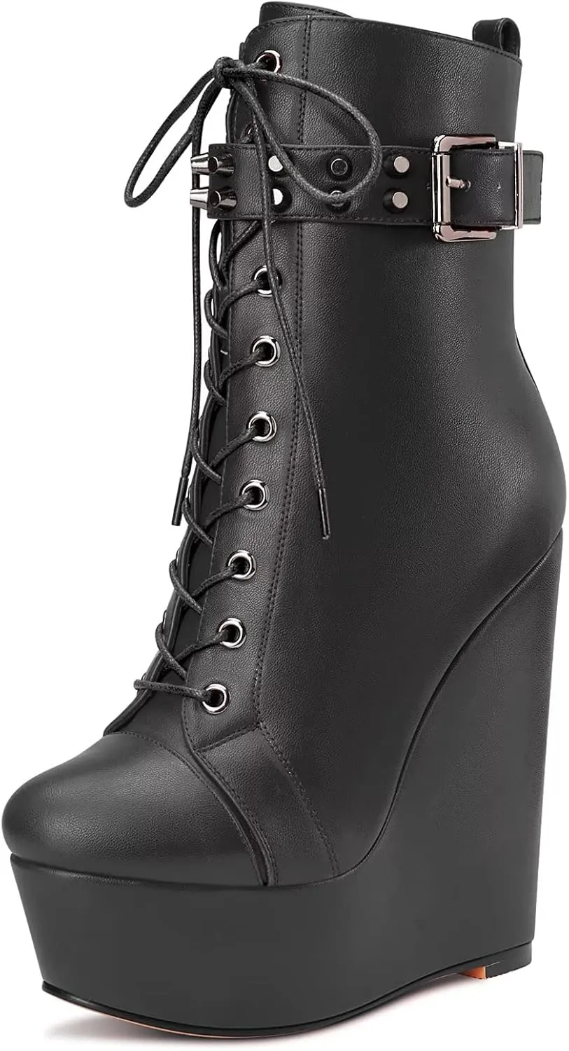 Castamere Women High Wedge Platform Heel Round Toe Ankle Boots Short Bootie Lace-up Zipper Boots