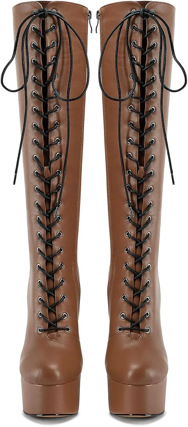Castamere Womens High Heel Platform Lace Up Boots Chunky Heel Mid-Calf Boot with Zipper Round Toe 6 Inch Heels