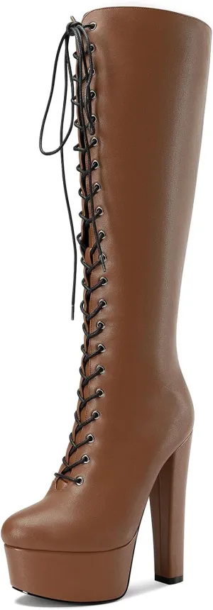 Castamere Womens High Heel Platform Lace Up Boots Chunky Heel Mid-Calf Boot with Zipper Round Toe 6 Inch Heels