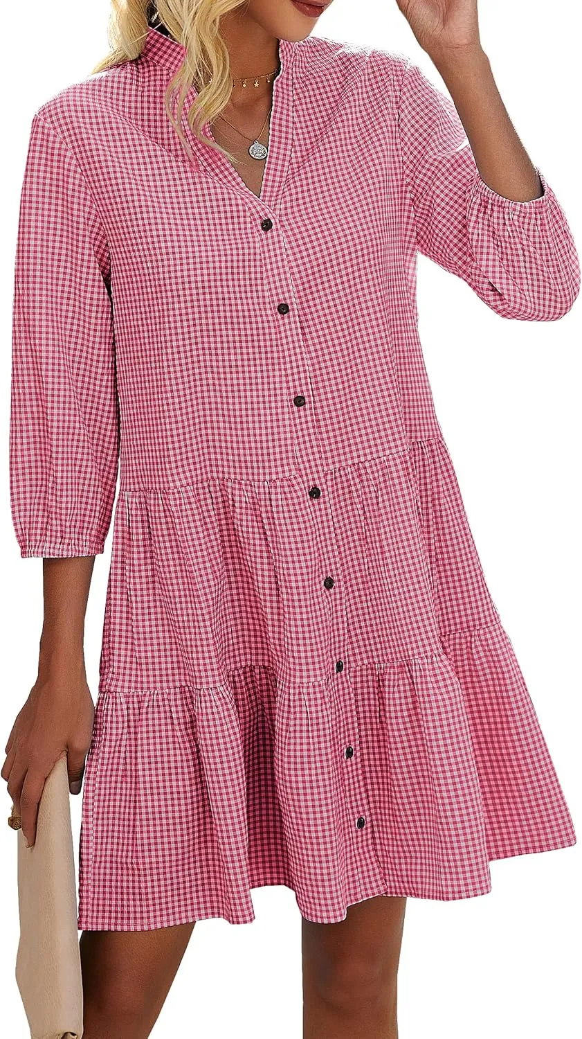 CCTOO Women's Summer Dresses Casual V Neck Button Down 3/4 Sleeve Floral Print Loose Flowy Shirt Dress