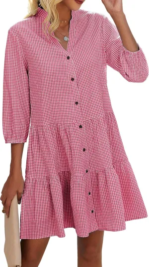 CCTOO Women's Summer Dresses Casual V Neck Button Down 3/4 Sleeve Floral Print Loose Flowy Shirt Dress