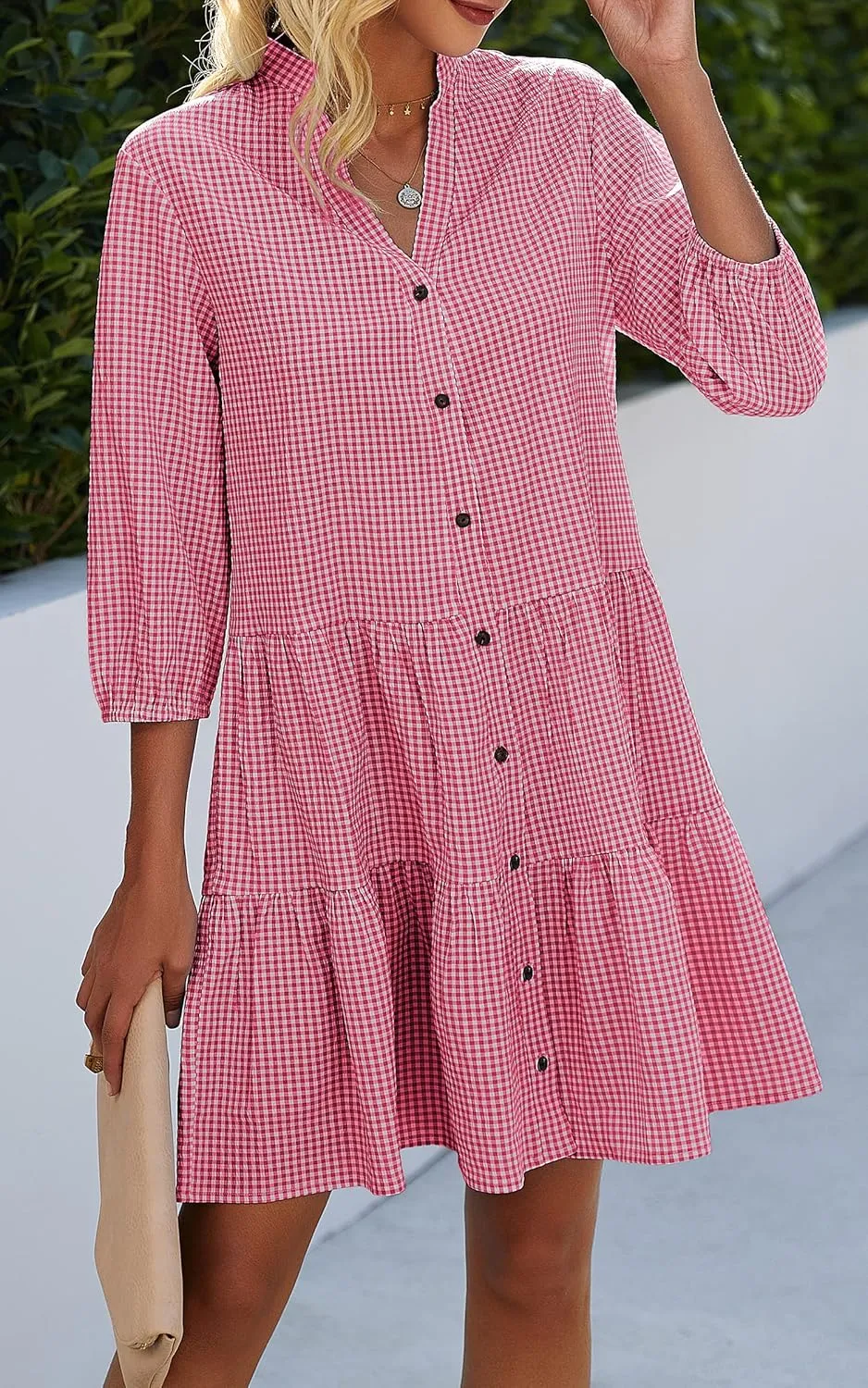 CCTOO Women's Summer Dresses Casual V Neck Button Down 3/4 Sleeve Floral Print Loose Flowy Shirt Dress