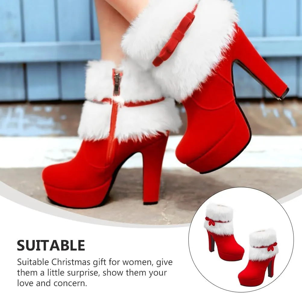 Christmas Theme High Heel Ankle Boots for Women Plush Short Boot with Non-slip Sole Easy Off Design Xmas Present for Holiday Parties Stylish Red