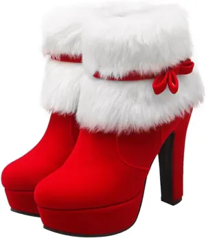 Christmas Theme High Heel Ankle Boots for Women Plush Short Boot with Non-slip Sole Easy Off Design Xmas Present for Holiday Parties Stylish Red