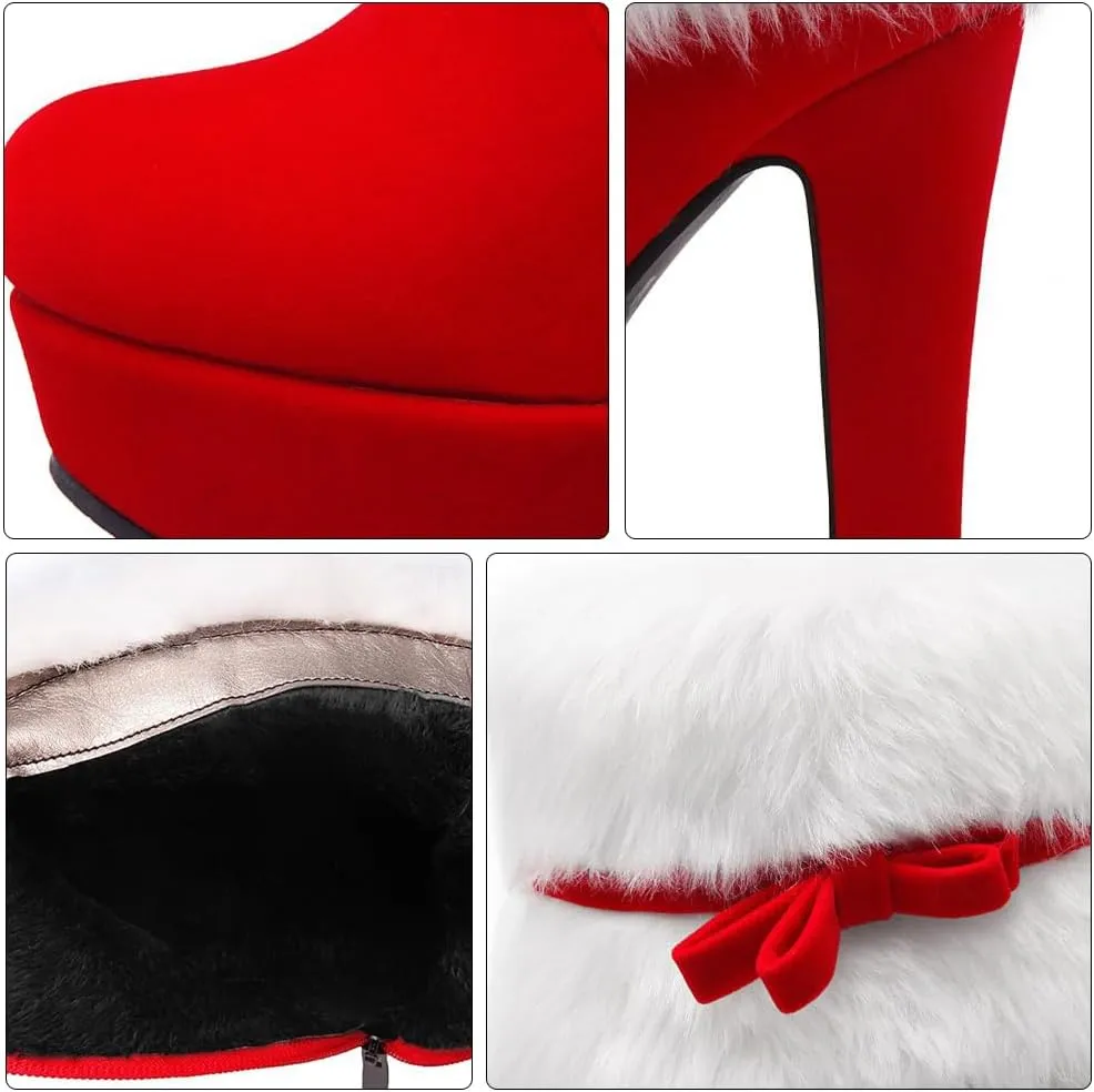 Christmas Theme High Heel Ankle Boots for Women Plush Short Boot with Non-slip Sole Easy Off Design Xmas Present for Holiday Parties Stylish Red