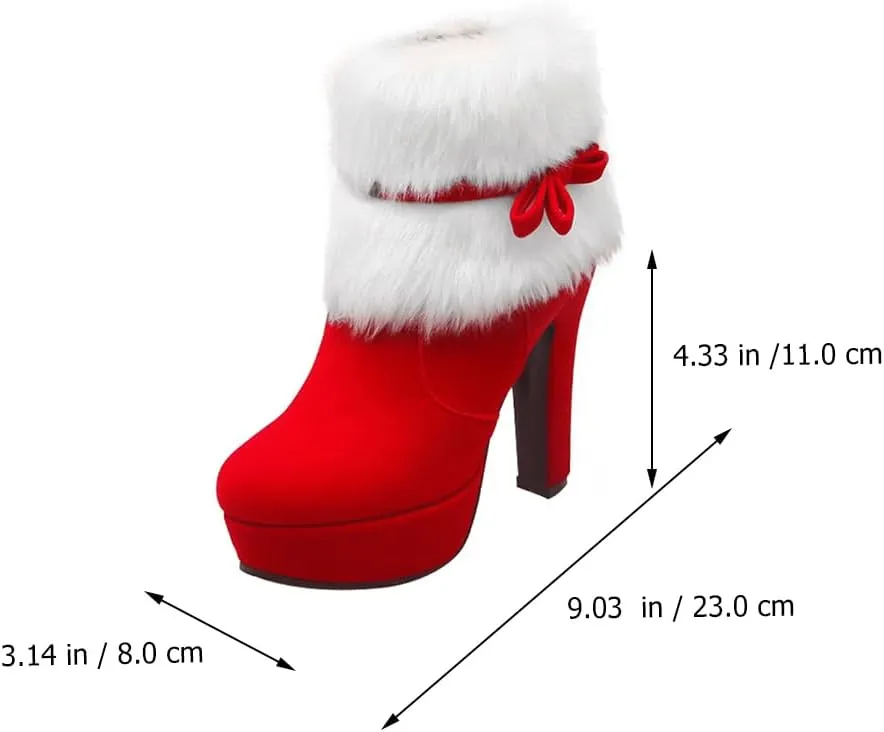 Christmas Theme High Heel Ankle Boots for Women Plush Short Boot with Non-slip Sole Easy Off Design Xmas Present for Holiday Parties Stylish Red