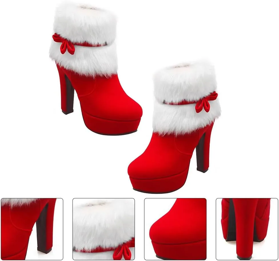 Christmas Theme High Heel Ankle Boots for Women Plush Short Boot with Non-slip Sole Easy Off Design Xmas Present for Holiday Parties Stylish Red