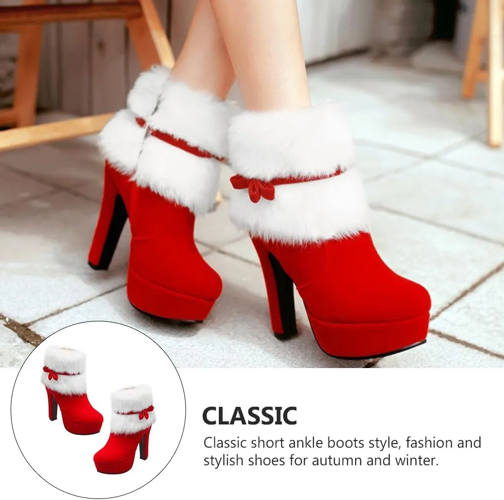 Christmas Theme High Heel Ankle Boots for Women Plush Short Boot with Non-slip Sole Easy Off Design Xmas Present for Holiday Parties Stylish Red