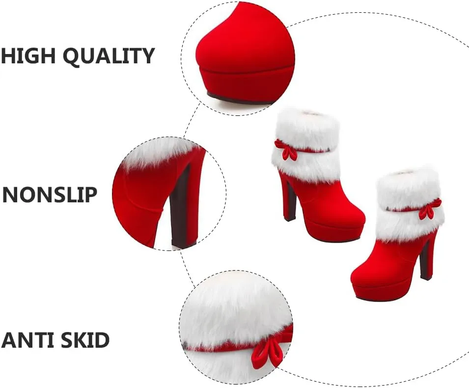 Christmas Theme High Heel Ankle Boots for Women Plush Short Boot with Non-slip Sole Easy Off Design Xmas Present for Holiday Parties Stylish Red