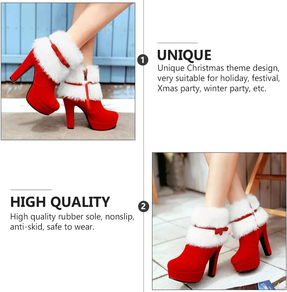 Christmas Theme High Heel Ankle Boots for Women Plush Short Boot with Non-slip Sole Easy Off Design Xmas Present for Holiday Parties Stylish Red