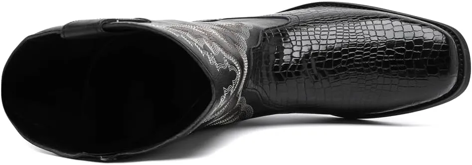 CHUUMEE Cowboy Boots for Men Western Boot Fashion Crocodile Pattern Square Toe Side Zipper Leather Mid-Calf Boots